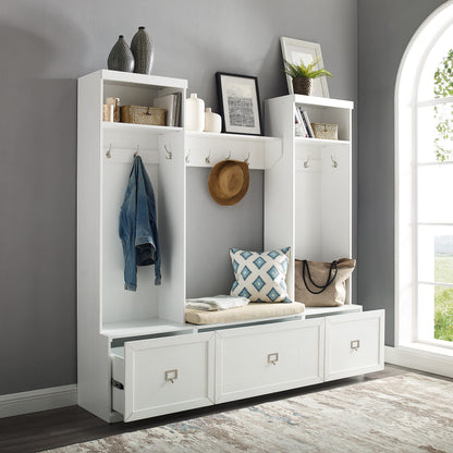 Crosley Furniture Harper 4-Piece Hall Tree, Storage Bench, and Wall Shelf Set with Coat Rack Hooks for Hanging, White