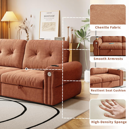 KEIKI 3 in 1 Sleeper Sofa Bed, 80.4" Pull Out Couch, Loveseat Sofa Futon Bed with USB Port for Living Room, Bedroom, Apartment, Orange