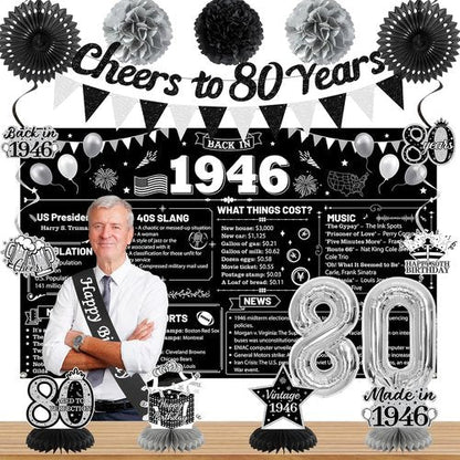 Holkcog 80th Birthday Decorations - Back In 1946 Poster & Banner Set with Balloons, Sash & Fans