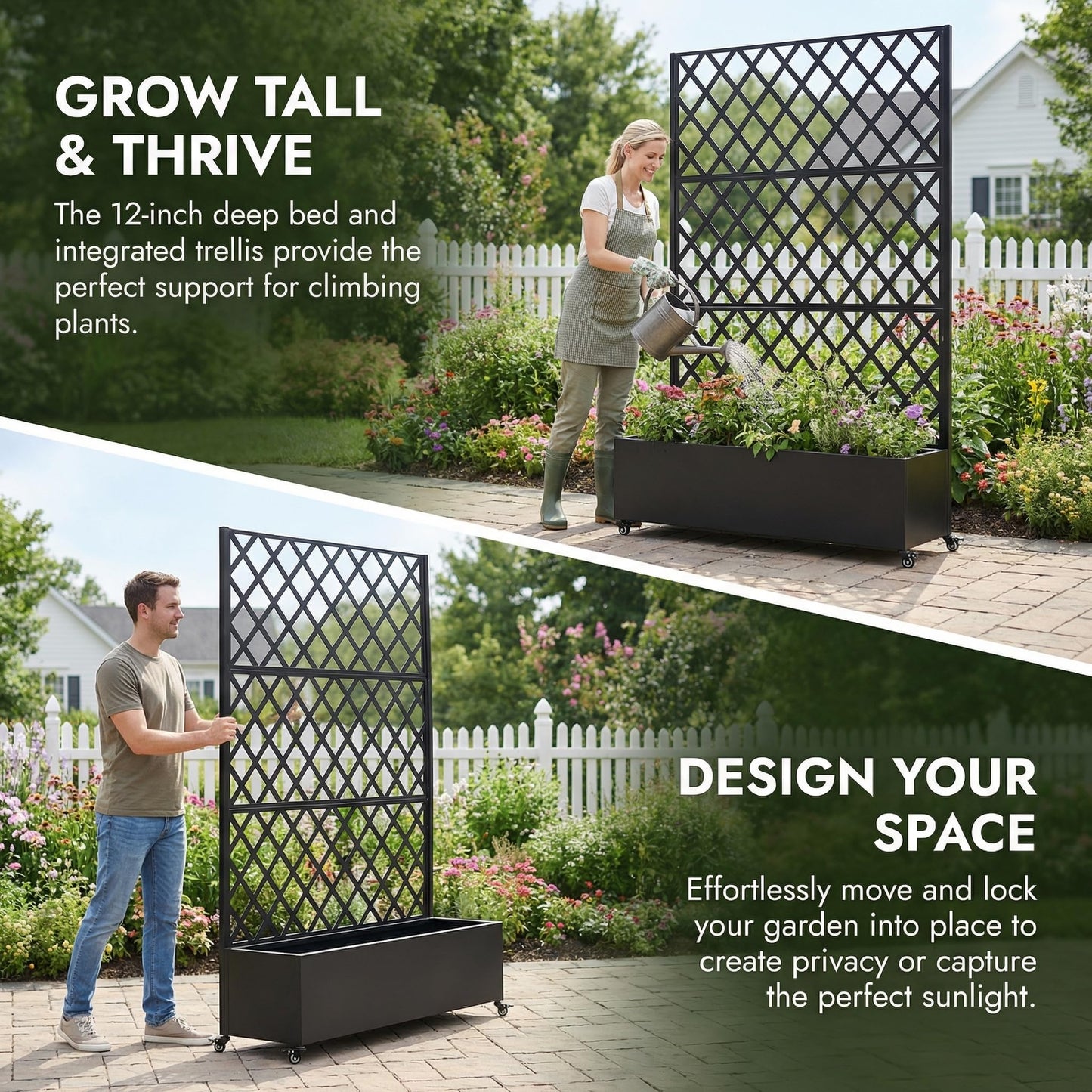 Metal Planter Box with Trellis on Wheels – Large Raised Garden Bed with Privacy Screen & Drainage Holes for Climbing Plants, Vegetables & Vines, Proof Rolling Flower Box for Patio Balcony Backyard