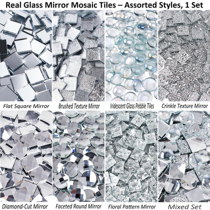 CHICSHIS 1000g Real Mirror Glass Mosaic Tiles for DIY, Silver Textured Square Tiles (15mm) with Iridescent Glass Gems, Mixed Shapes Stained Glass Set for Mosaic Art & Home Décor Projects