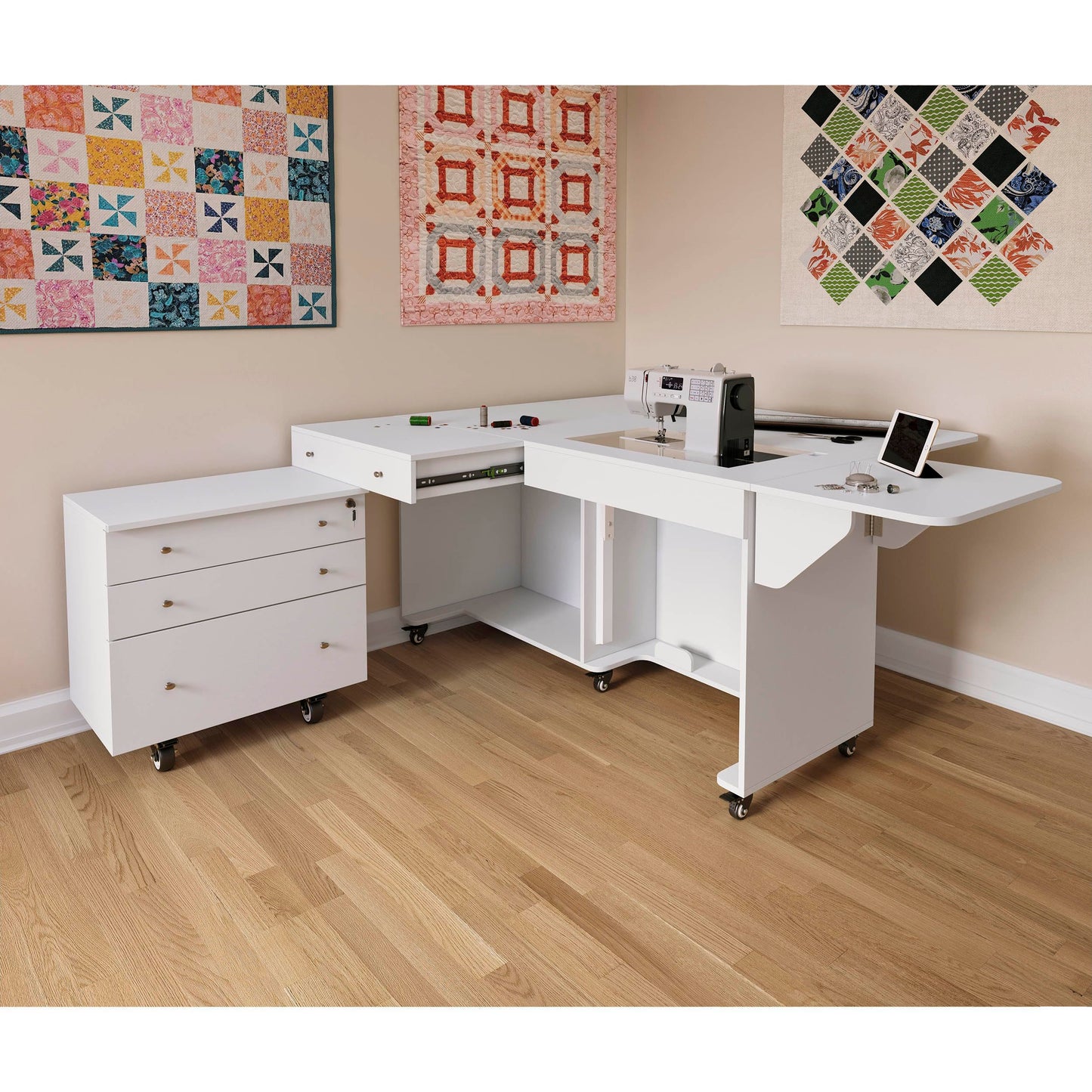 Kangaroo & Joey K8811 Sewing Cabinet – Dual Rail Electric Lift, Adjustable Sewing Table with Storage for Quilting & Crafting, Teak Finish