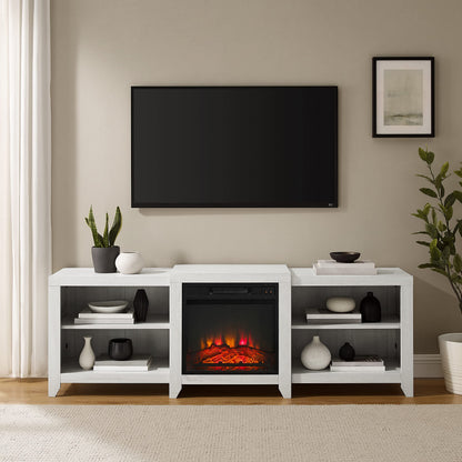 Crosley Furniture Ronin Low Profile Fireplace TV Stand for 75+ inch TVs, Entertainment Center with Shelves, Whitewash