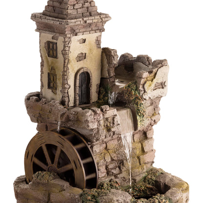 Alpine Corporation USA1164 Outdoor Floor Tiered Fairy Castle Waterwheel Water Fountain with Realistic Stone Look, 35", Brown