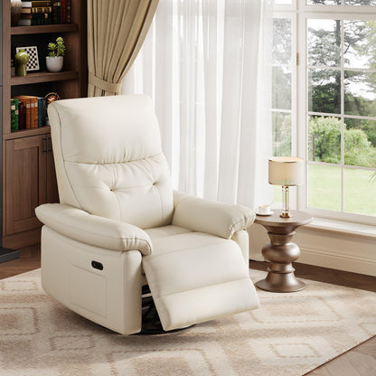 Garvee Power Recliner Chair with 270° Swivel and Rocking, Electric Glider Nursery Chair with USB Charging Port, PU Leather Upholstery and Button Tufted Backrest for Living Room, Cream