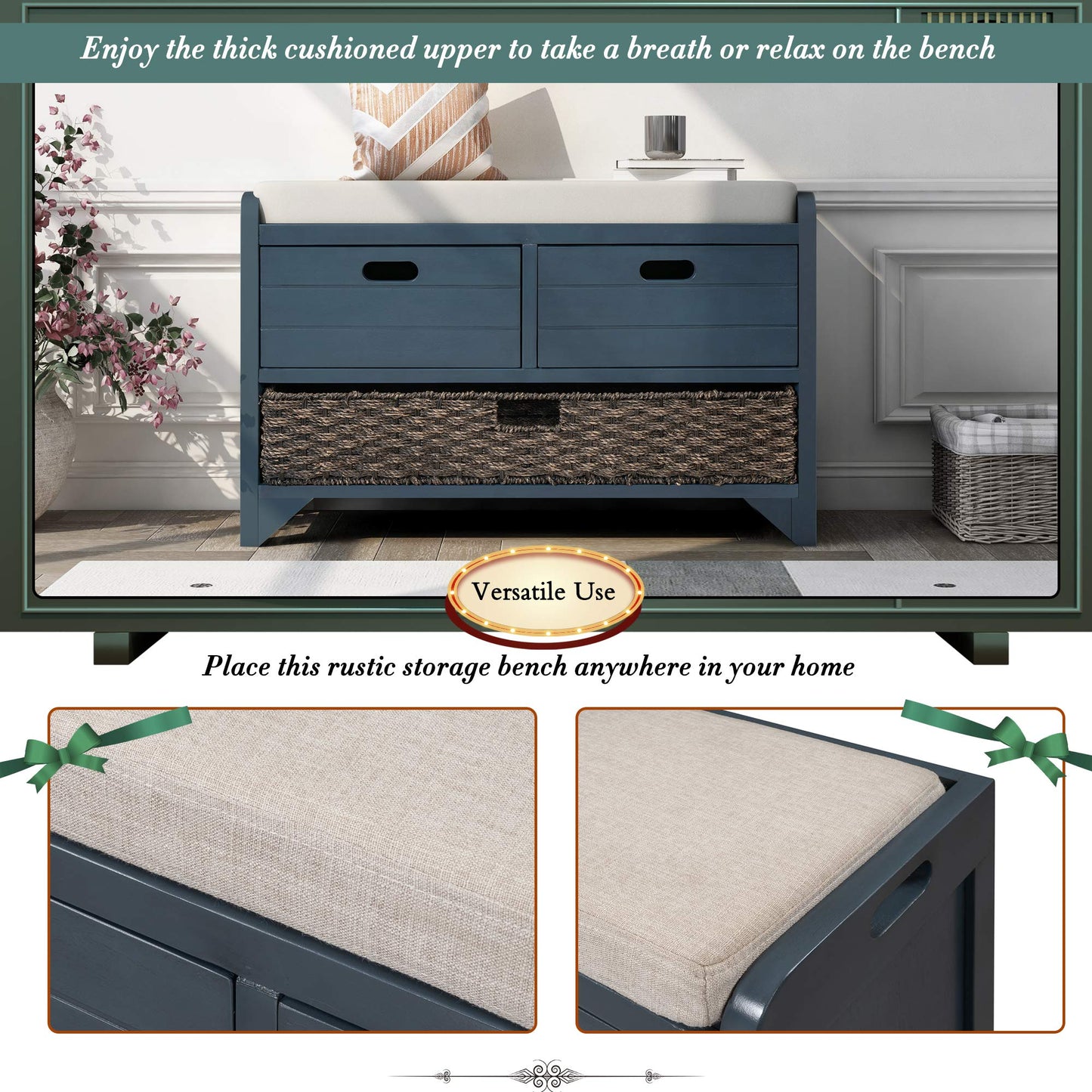 GDFStudio 2-Tier Shoe Storage Bench with Removable Basket & 2 Drawers, Farmhouse Entryway Shoe Organizer Bench with Upholstered Cushion, Wood Entry Bench Fully Assembled for Hallway Living Room, Navy