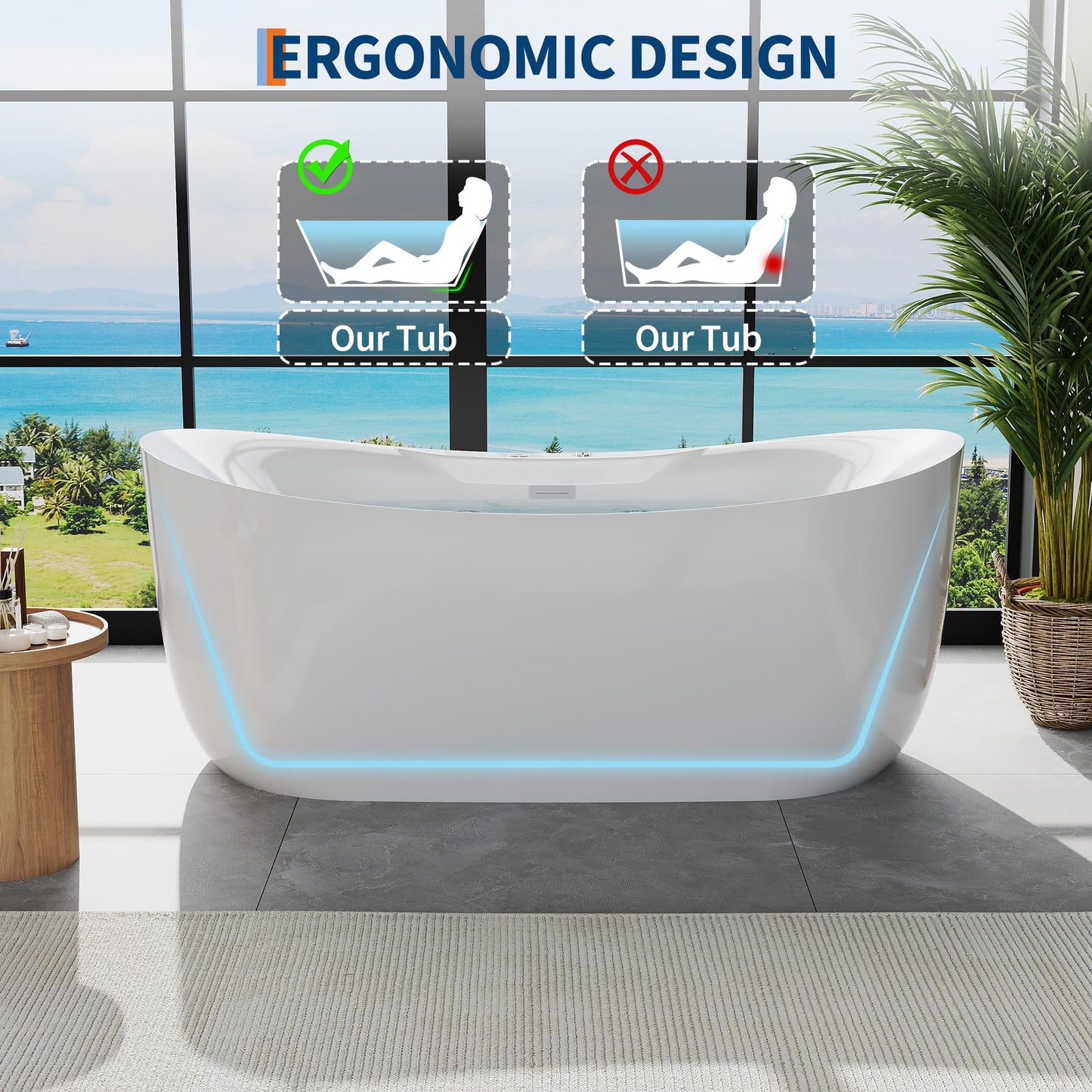 Luxury 71" Heated Whirlpool Bathtub, Smart Digital Control Acrylic Tub with Dual Air & Water Jets, Auto-Temp Heating System, Freestanding Rectangular Soaker with Complete Pump Kit, White