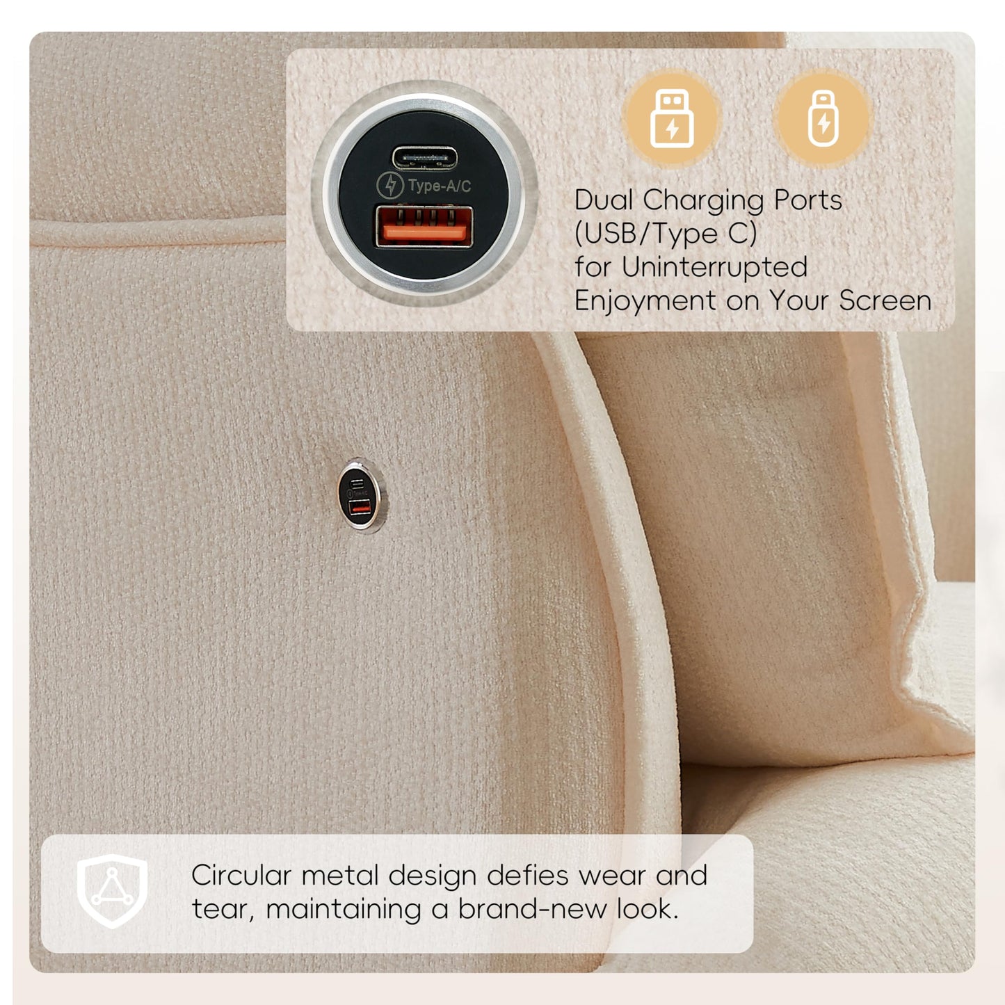 ERYE 47" Chenille Upholstered Accent Chair Wide Seat Armchair for Living Room Bedroom, Modern Upholstered Armchair W/ 2 Pillows and USB-C Ports for Home Apartment Office