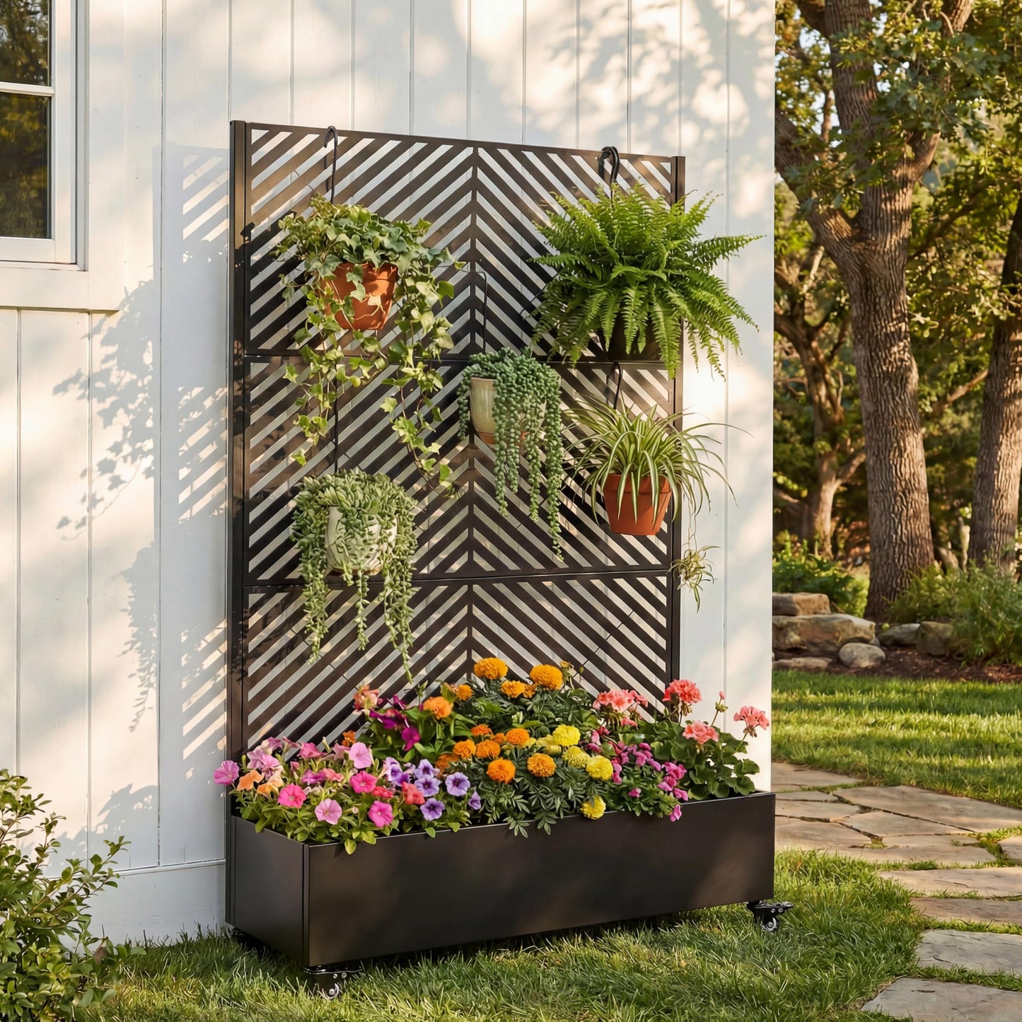 KEIKI 73"x47"x16" Planter Trellis Box with Wheels & Drain Plug, Outdoor Resin Raised Garden Bed for Climbing Plants, Large Weather-Resistant Design, Black