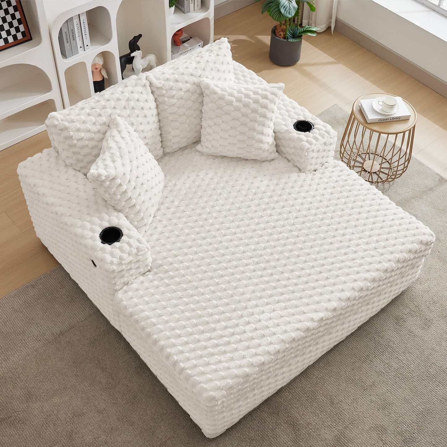 PeacefulHues 60 Inch Oversized Chaise Lounge Indoor, Upholstered Sofa Bed with Throw Pillows and Armrests, Sleeper Chair- Cozy Reading Chair for Living Room, Bedroom, Home, Beige