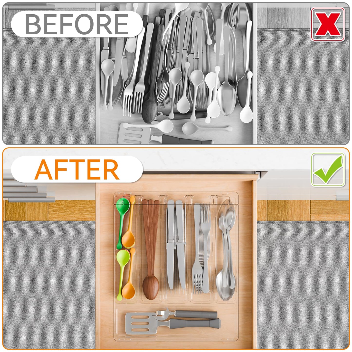 Yieach Clear Silverware Organizer with Lid - 12 inch Wide - Large Silverware Drawer Organizer & Tray and Utensil Drawer Organizers with Lid,BPA Free Plastic Flatware Drawers Organizers for Fork,Spoon