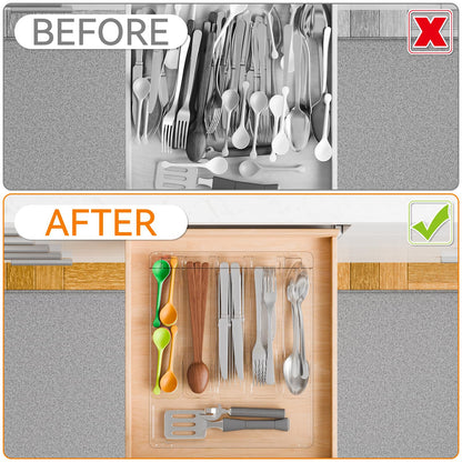 Yieach Clear Silverware Organizer with Lid - 12 inch Wide - Large Silverware Drawer Organizer & Tray and Utensil Drawer Organizers with Lid,BPA Free Plastic Flatware Drawers Organizers for Fork,Spoon