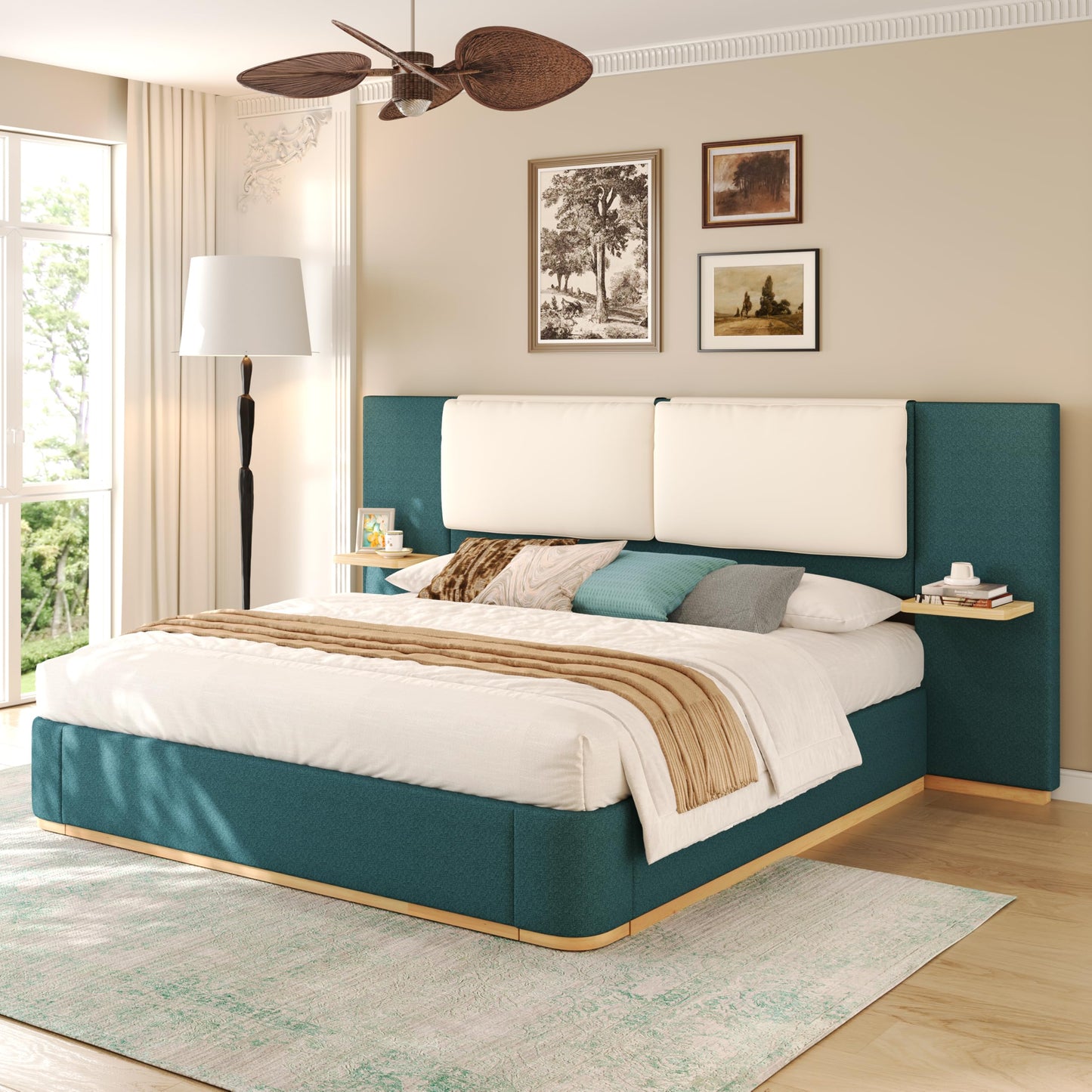 Merax Queen Size Upholstered Platform Bed Frame with Large PU Leather Headboard and Bothside Shelves, Modern Bedroom Furniture & Solid Wood Slats Support, No Box Spring Needed, Easy Assembly, Green