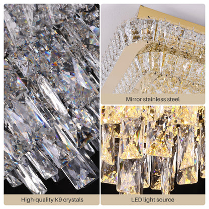 Miuyhji Elegant LED Crystal Raindrop Ceiling Light,24 Inch Square Gold Flush Mount Chandelier Light Fixture,Remote/APP, for Living Room Kitchen Dining Room Bedroom Hallway Entryway Foyer (Dimmable)