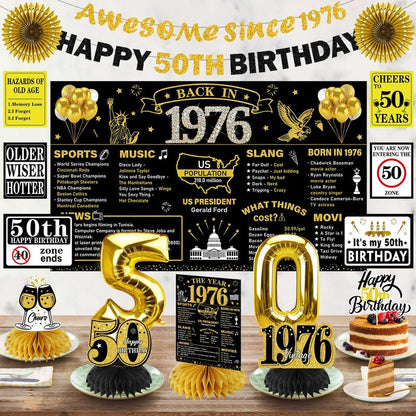 Turypaty 1976 50th Birthday Decorations for Men Women, Black Gold Happy 50 Years Old Birthday Banner Backdrop Wall Sign Balloons Sash Table Cake Topper Honeycomb Centerpieces Paper Fans Party Supplies