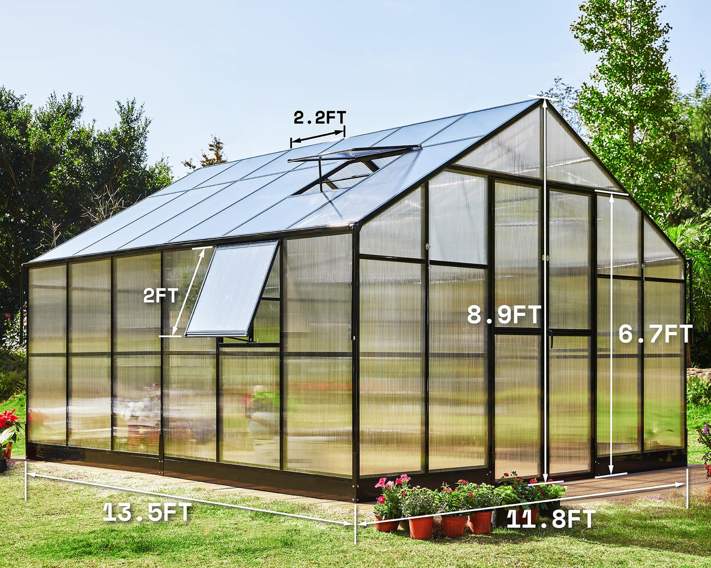AMERLIFE 12x13.5x9 FT Walk-in Backyard Greenhouse, Aluminum Frame with Polycarbonate Panels, Easy Quick-Connect Assembly, 6.7 FT Bronze Double Doors, 4 Ventilation Windows, Black