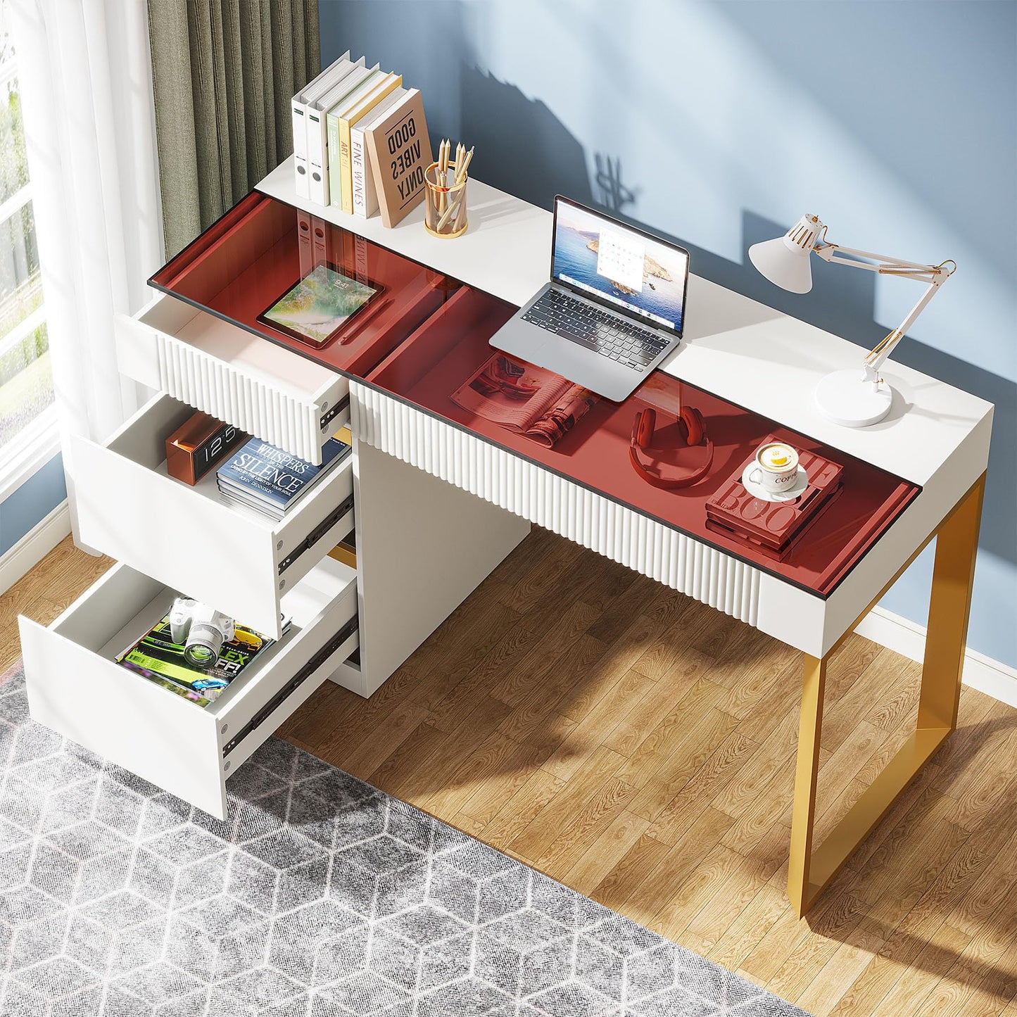 LITTLE TREE Computer Desk with 4 Drawers, 47 Inch Modern Home Office Desk with Glass Top, White and Gold Writing Workstation Desk with Storage