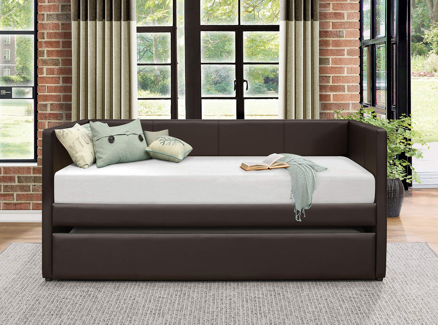 Lexicon Adeline Faux Leather Upholstered Daybed and Trundle, Twin, Brown