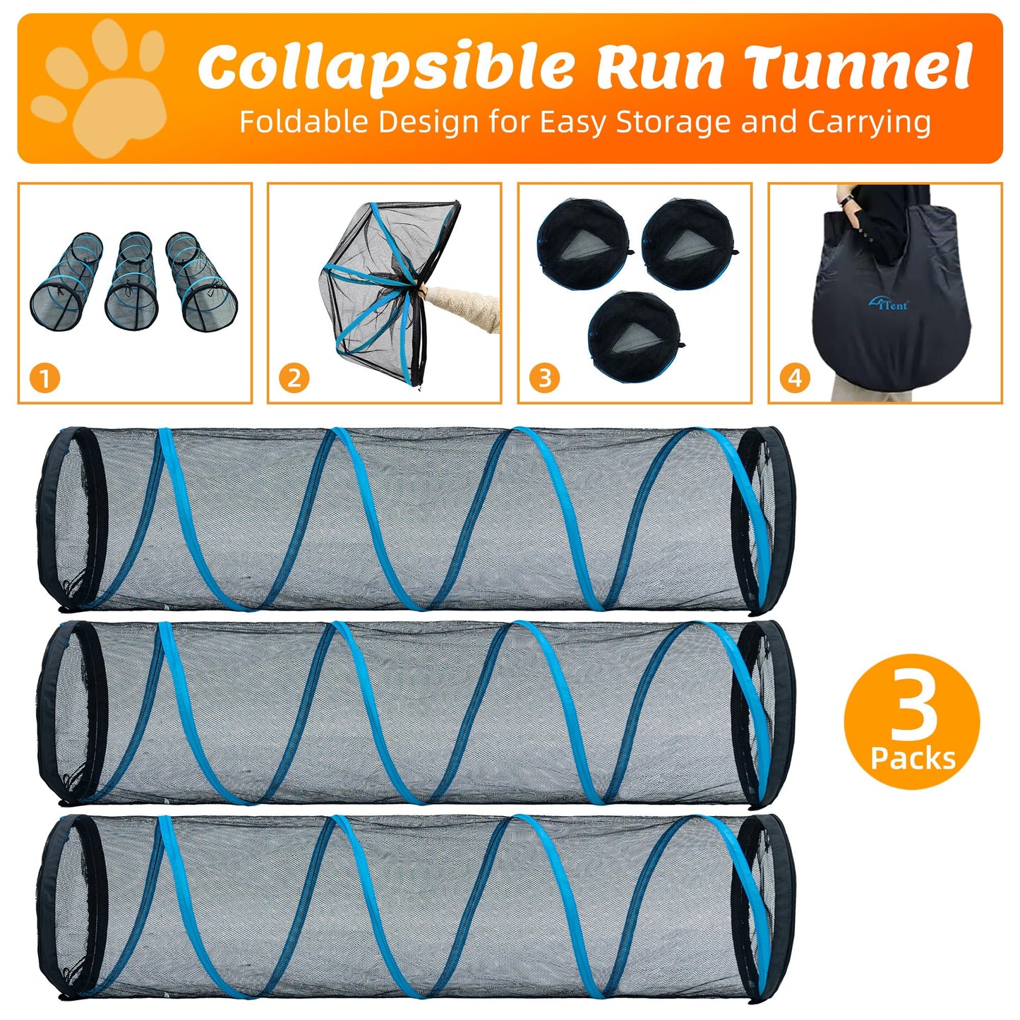 ITENT Cat Play Tunnel-for Indoors and Outdoors,Cat Tunnel Outdoor, Kitty Outdoor Enclosure, Cat Enclosures Easy to Connect with Two Zipper Doors,Product Size 59'' x 18'',3pcs /Set,Blue,3 Packs