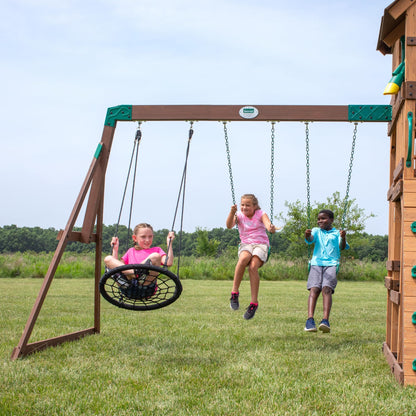 Backyard Discovery Highlander Cedar Wood Swing Set with Wave Slide, Three-Story Clubhouse, Rock Wall, Picnic Table, Belt Swings, Web Swing, Sandbox, Three Ladders, Toy Accessories, Outdoor Playset