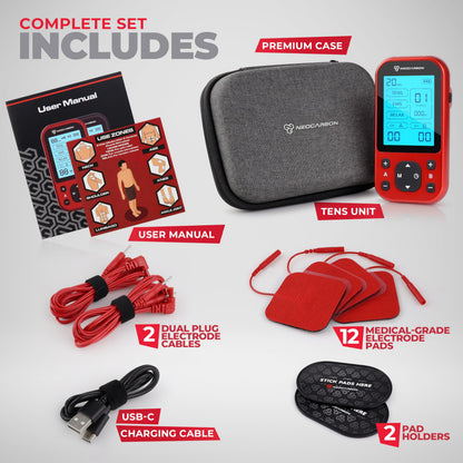 TENS Unit Muscle Stimulator Pro for Back Pain Relief, Shoulder Recovery and Physical Therapy, Electronic EMS Massager Machine with PMS Pulse for Effective Shock Therapy, Red