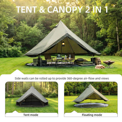 KEIKI 4 Season Canvas Bell Tent 16.4 FT Waterproof All Weather Glamping Yurt Tent, Luxury Hot Tent Stove Jack, Breathable Spacious Family Camping Teepee for 8 People Outdoor Hunting Party Event Green