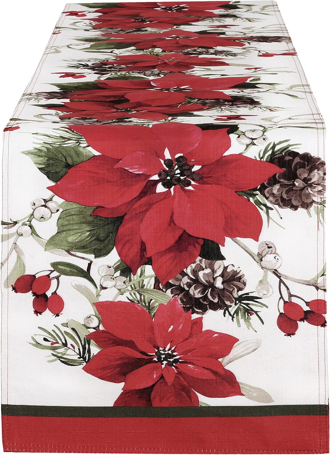 Newbridge Christmas Blooming Poinsettia’s Double Bordered 70 Inch Long Table Runner, Holiday Red and White Poinsettia