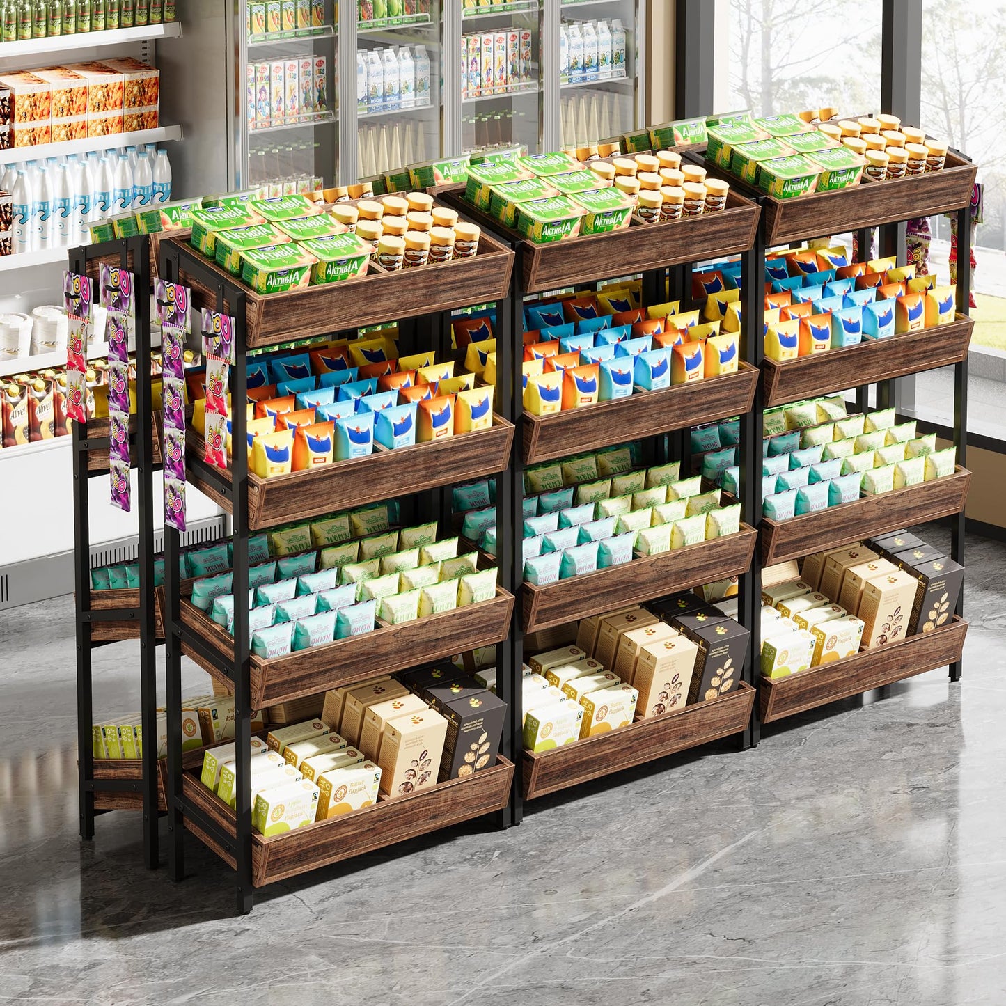 Tribesigns 4-Tier Retail Display Rack Set of 6, Heavy-Duty Commercial Display Stand for Candy, Vegetables, Snacks, Industrial Storage Shelf with Hooks for Retail Store (6, Brown+Black)