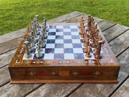 15’’ Unique Handmade Chess Set – Handmade Wooden Storage Board with Metal Chess Pieces – Luxury Gift for Men and Collectors – Gift for Dad (Purple)