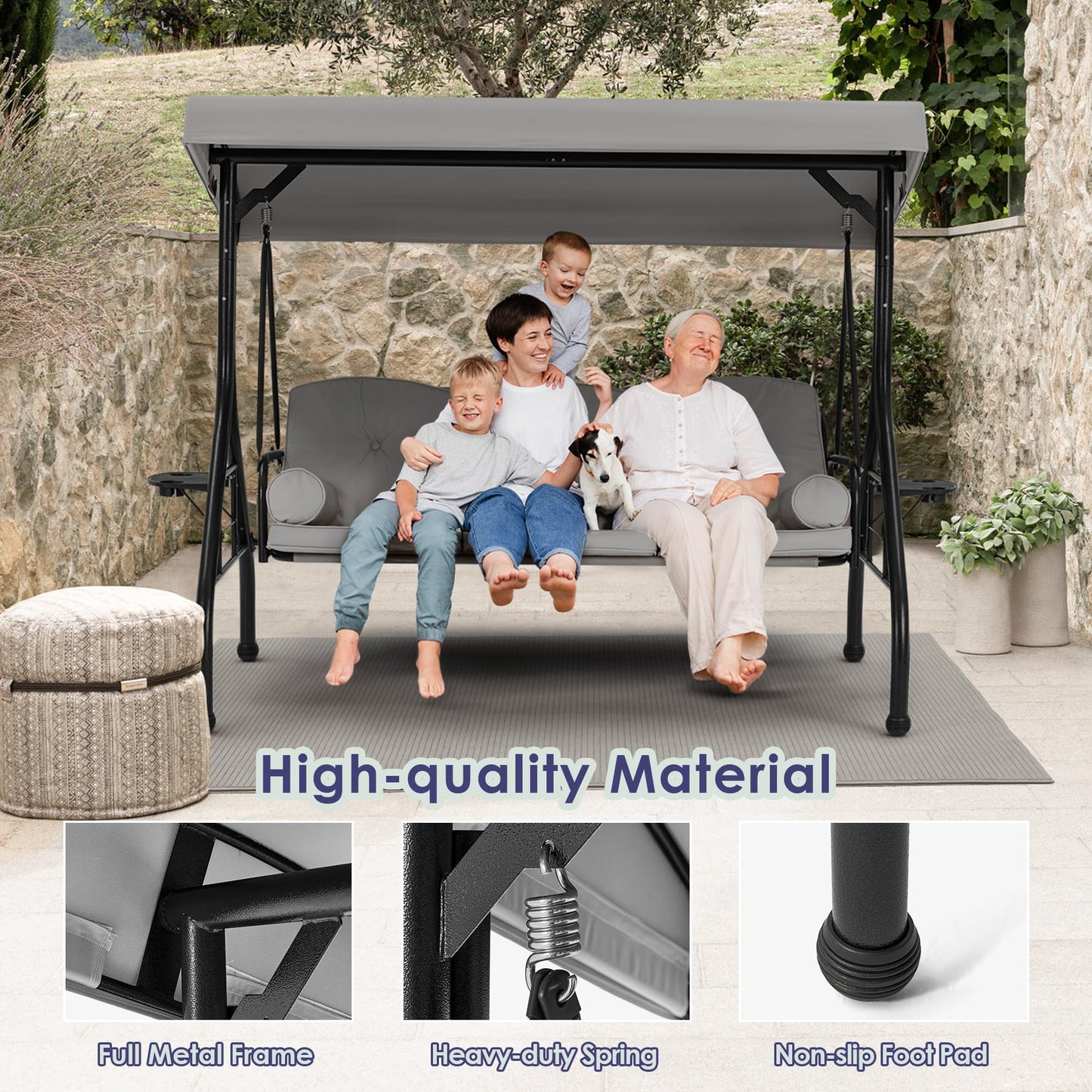 HOMREST 3 Seat Outdoor Porch Swing with 1.5" Deep Cup Holder, Adjustable Canopy,Patio Swing Bed with Stand, Patio Glider Swing with Thicken Cushions, Pillow(Grey)