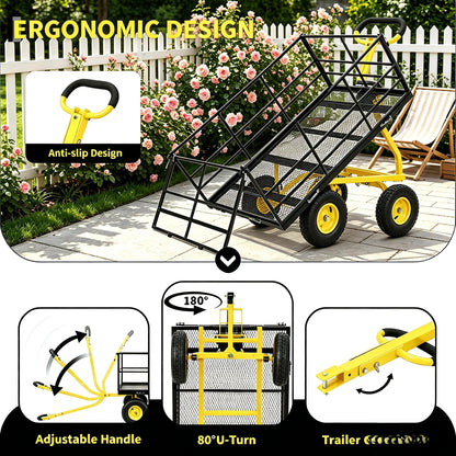 1500Lbs Steel Mesh Garden Cart, Heavy-Duty Utility Wagon with Removable Sides, Outdoor Wagon with Rubber Tire and Handle for Gardening Soil, Tools and Plant Transport(Green)