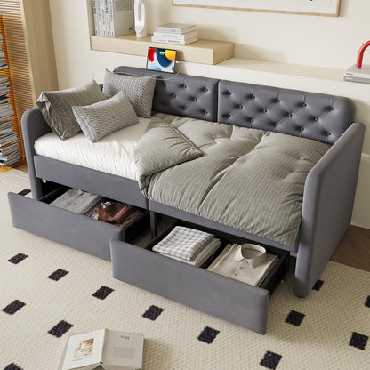 GDFStudio Twin Size Bed Frame with 2 Storage Drawers, Velvet Upholstered Twin Daybed with Headboard and Charging Station, Tufted Wood Platform Bed Frame, Solid Slats, No Box Spring Needed, Grey