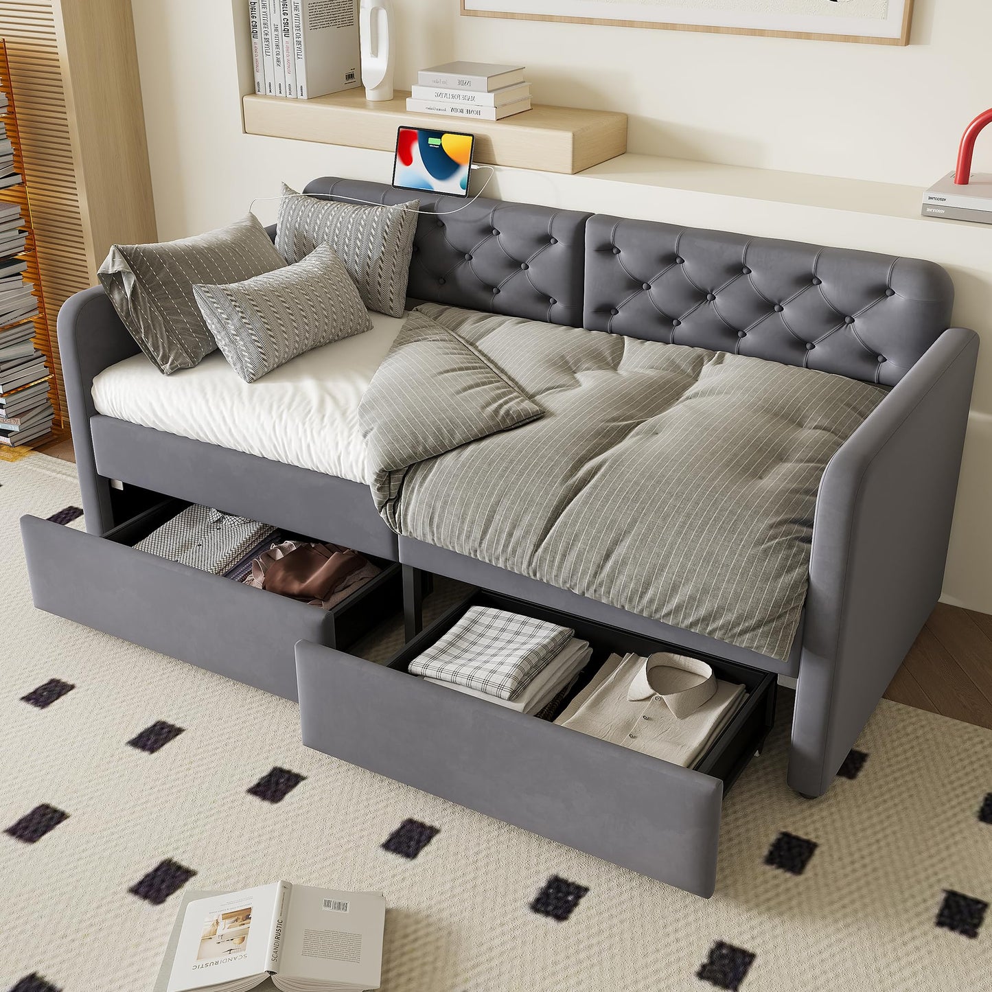 KEIKI Twin Upholstered Daybed with 2 Storage Drawers & USB Charging, Plush Velvet Button-Tufted Headboard, Sofa Bed for Living Room or Bedroom, No Box Spring Needed, Gray