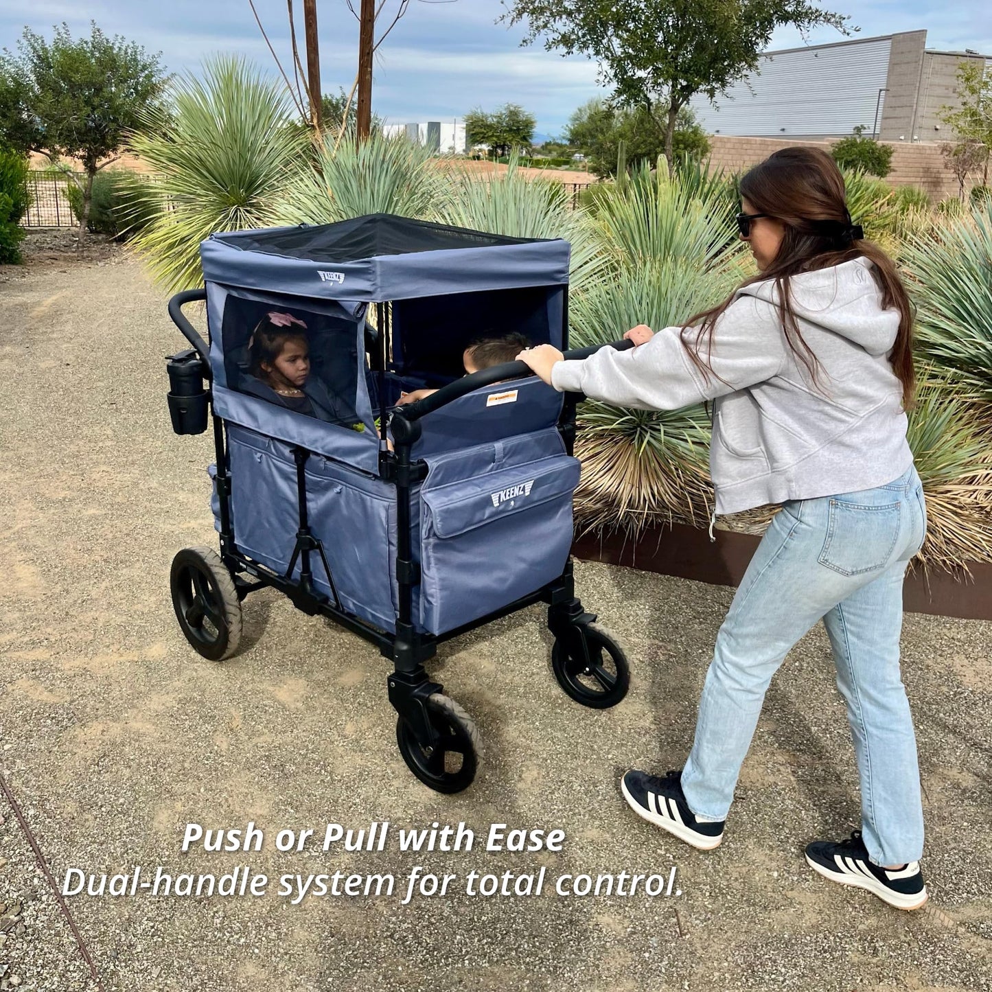 Keenz MOOV 4-Passenger All-Terrain Stroller Wagon with Reclining Seats, Built-in Cooler, Push/Pull Handle, Rubber Wheels, and Activity Tray – Foldable Wagon for Four Kids, Blue