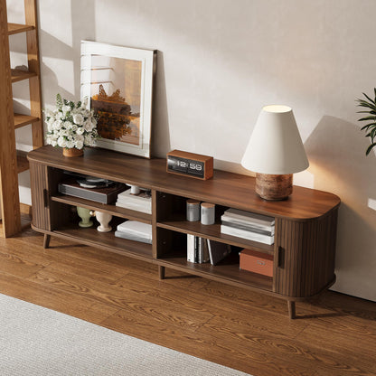 Merax 70 Inch Mid Century Modern TV Stand for TVs up to 80", Fluted Entertainment Center with Ample Storage & Sliding Doors, Curved Design Media Console for Living Room, Solid Wood Legs, Walnut