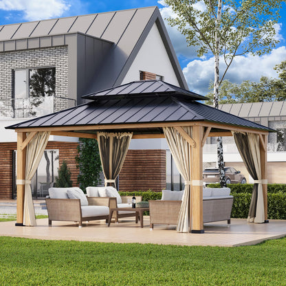 INTER HUT 13x15 Hardtop Gazebo with Netting and Curtains, Galvanized Steel Double Roof Outdoor Pavilion with Cedar Wood Frame, Patio Gazebo for Deck, Garden, Lawn, Natural Wood/Black