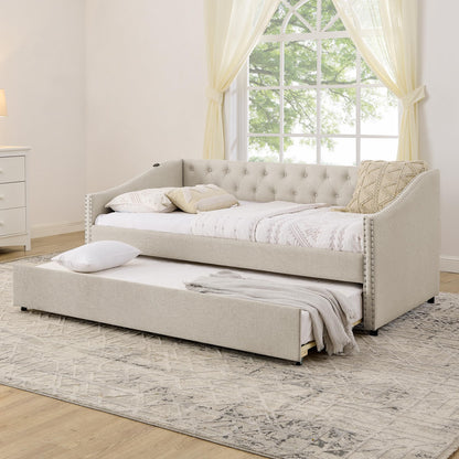 Ball & Cast Twin Size Upholstered Daybed with Pop Up Trundle & USB Port,Twin to King Daybed Frame with Button Tufted Backrest & Nailhead Trim Design, Extendable Trundle Bed,No Box Spring Neeed,Beige