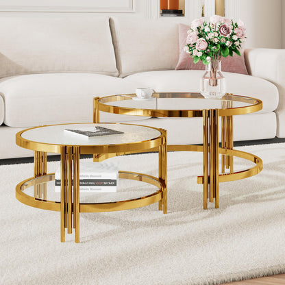 Merax 2-Piece Nesting Round Coffee Table Set, Gold Finish Metal Frame with Textured Tempered Glass Tops, Modern Stylish Accent & Side Table for Living Room, Bedroom, Apartment, Office, Transparent
