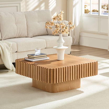 KEIKI 32" Handcraft Drum Square Wooden Coffee Table with Sturdy MDF Pedestal, Modern Style Solid Wood Relief Coffee Table, Easy Assembly, for Living Room, Bedroom, Reception Room, Natural Ash