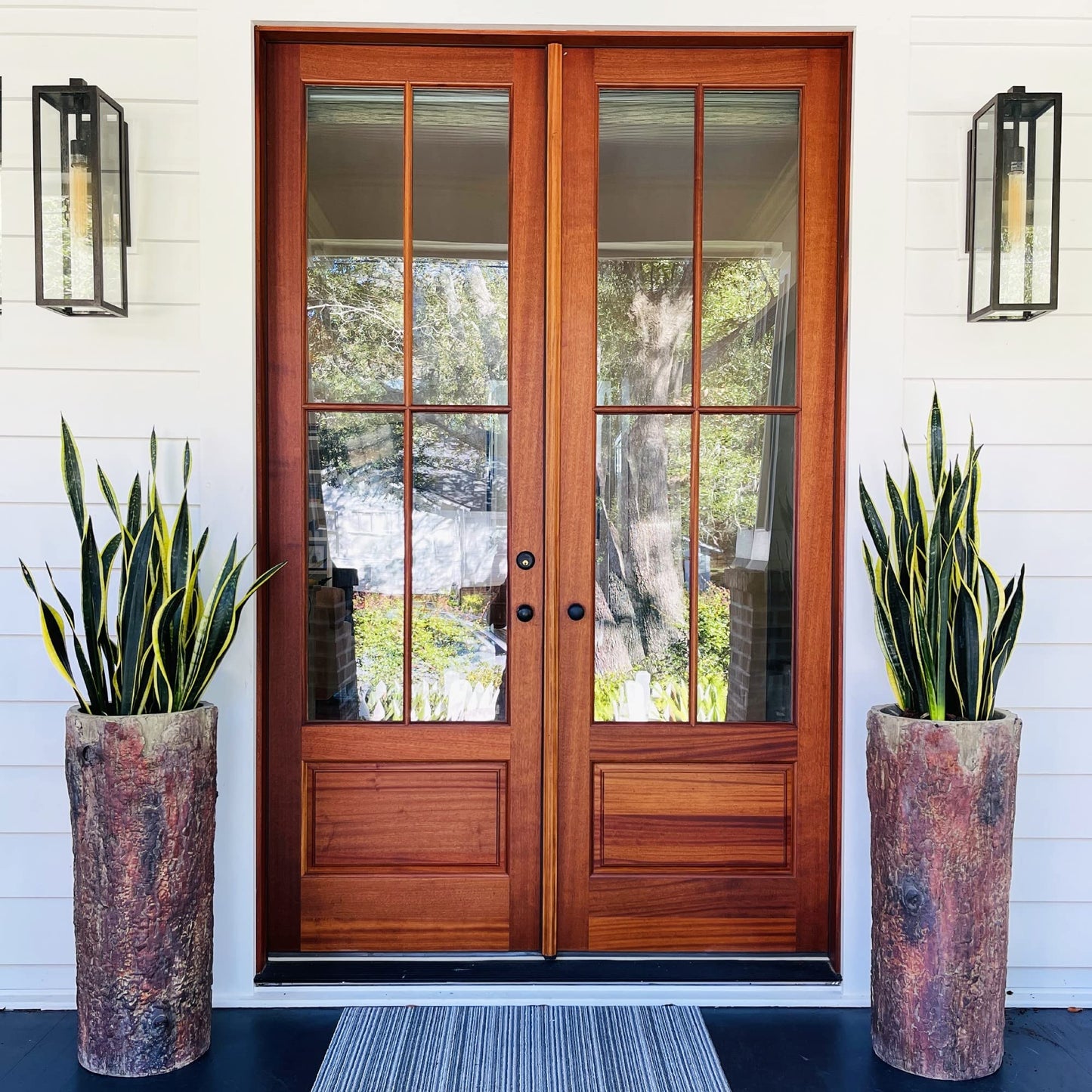 Bushy Box Country Front Door Tall Log Planters Set (2) Extra Large Heavy Cabin, Farmhouse & Lake House Entrance Pots. Rustic Porch & Patio Plant Decor.