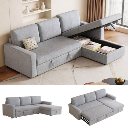 FAVSH 81.5" Convertible L Shaped Sleeper Sofa, 3-Seat Pull Out Sectional Couch with Storage Chaise & Removable Cushions, Chenille Fabric for Small Living Room Apartment, Light Gray