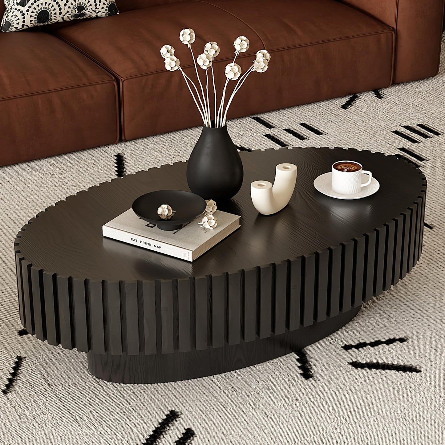 KEIKI 43.31'' Oval Coffee Table, Handcrafted Relief Sturdy Pedestal, Wooden Olive-Shaped Tea Table, Modern MDF & Solid Wood, Open Storage, Easy Assembly for Living Room, Black
