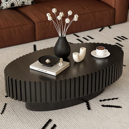 KEIKI 43.31'' Oval Coffee Table, Handcrafted Relief Sturdy Pedestal, Wooden Olive-Shaped Tea Table, Modern MDF & Solid Wood, Open Storage, Easy Assembly for Living Room, Black