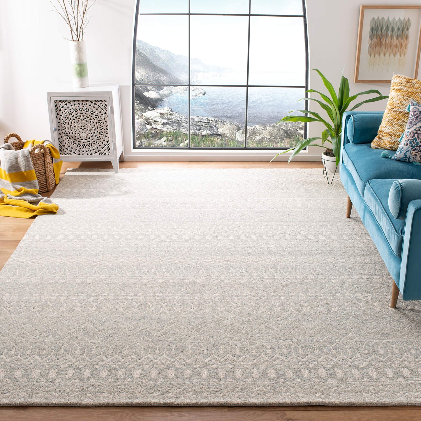 SAFAVIEH Micro-Loop Collection 10' x 14' AquaIvory MLP502K Handmade Moroccan Boho Tribal Premium Wool Living Room Dining Bedroom Area Rug