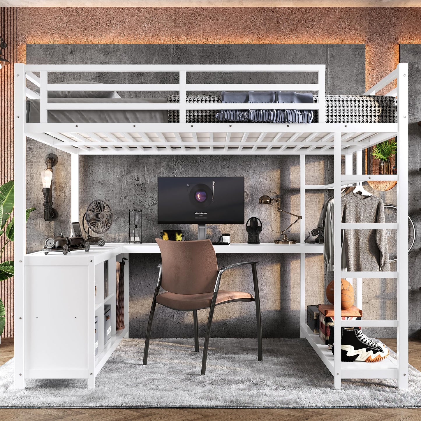 Bellemave Queen Size Loft Bed with Desk & Clothes Rack, All-in-One Heavy Duty Metal Loft Bed Frame with Storage Cube & Shelf, Space Saving Loft Bed Queen Size for Adult, Teen, Kids, Apartment, White