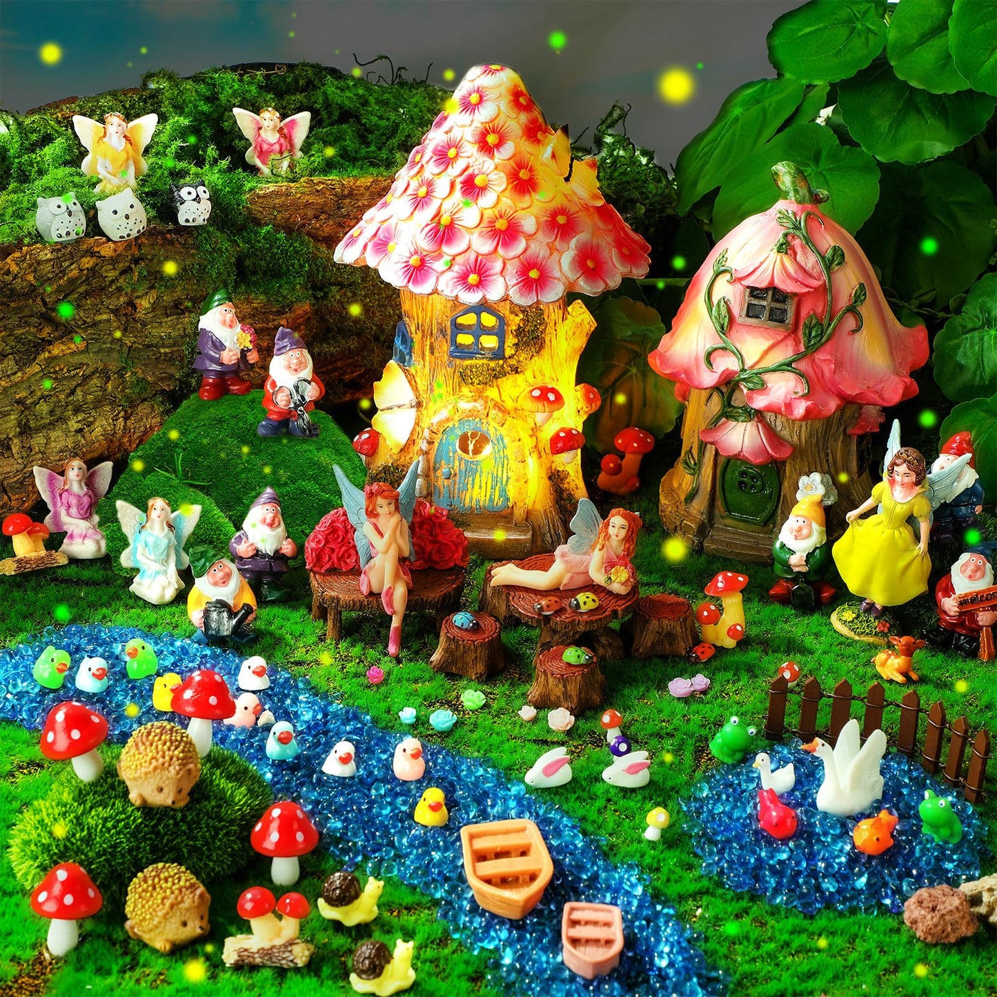 HyDren 100 Pcs Fairy House Garden Figurines Kit 8'' Solar Miniatures Light up 6.6" Fairy House Gnome Animals Doll Outdoor Resin Statues Micro Landscape Ornaments DIY Garden Decor