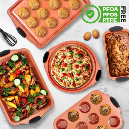 NutriChef 10-Piece Nonstick Baking Pans Set - Versatile Bakeware for Cookies, Cakes & Roasting | Includes Cookie Sheet, Muffin Pan, Cake Pan & Pizza Pans