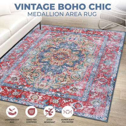 Superior Medallion Washable Rug, Non-Skid Backing, Pet & Kid Friendly, Easy Care, Non-Slip Rugs for Dining, Living Room, Kitchen, Bedroom, Low Pile Area Rug, Tanager Collection, 10' x 14', Red