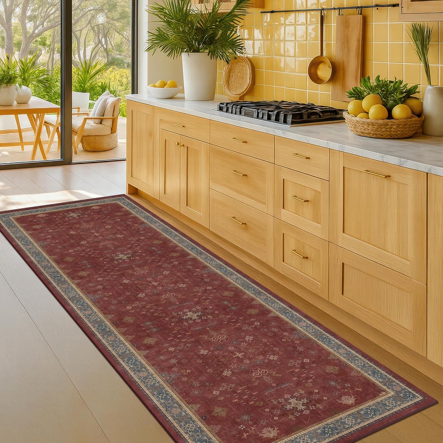 Turkish Kitchen Runner Rugs - Non-Skid Washable Design | Dark Red 2x6 for Hallway & Bathroom