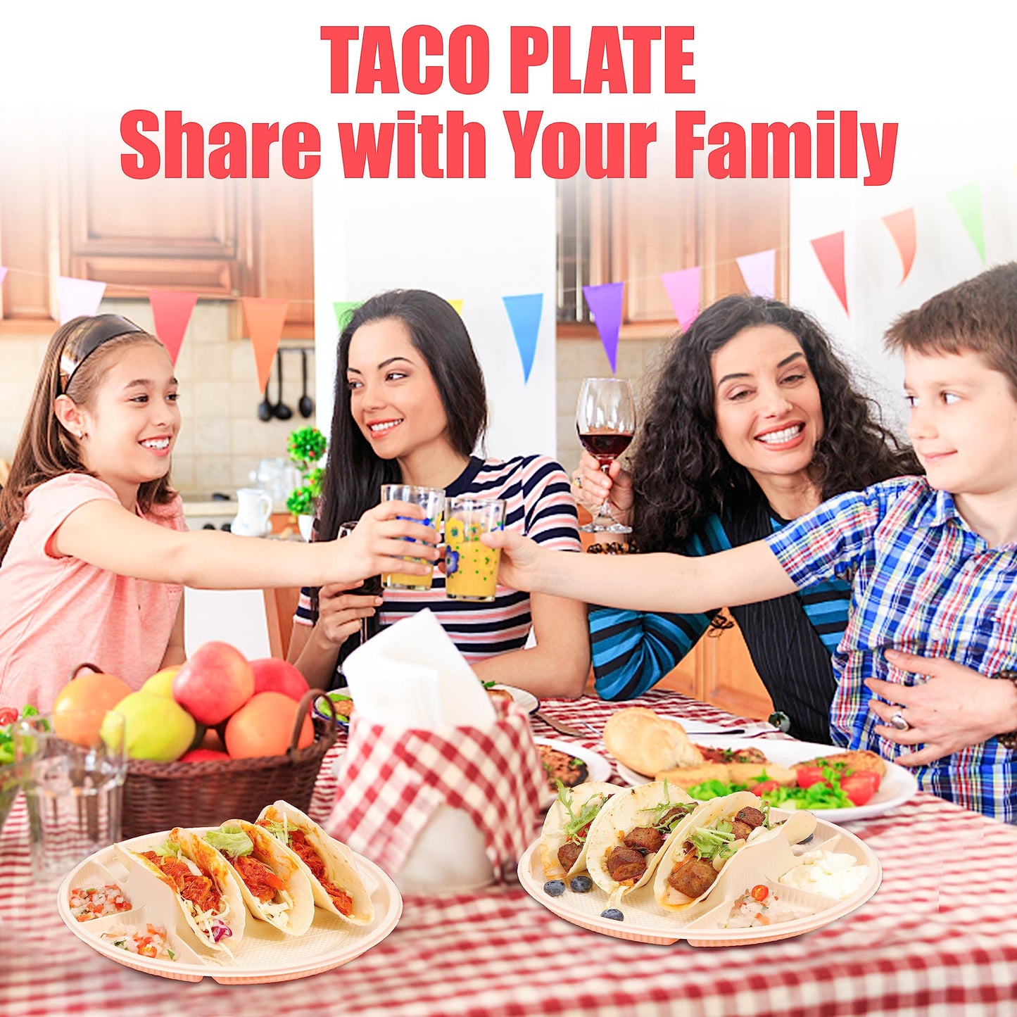Large Disposable Taco Plates With Dipping Sides - 20 Pack, Biodegradable Cornstarch Taco Holder, Big Size Fit 6-8 Inch Soft & Hard Tortilla, Sturdy & Microwave Safe, Bar Serving Set For A Party